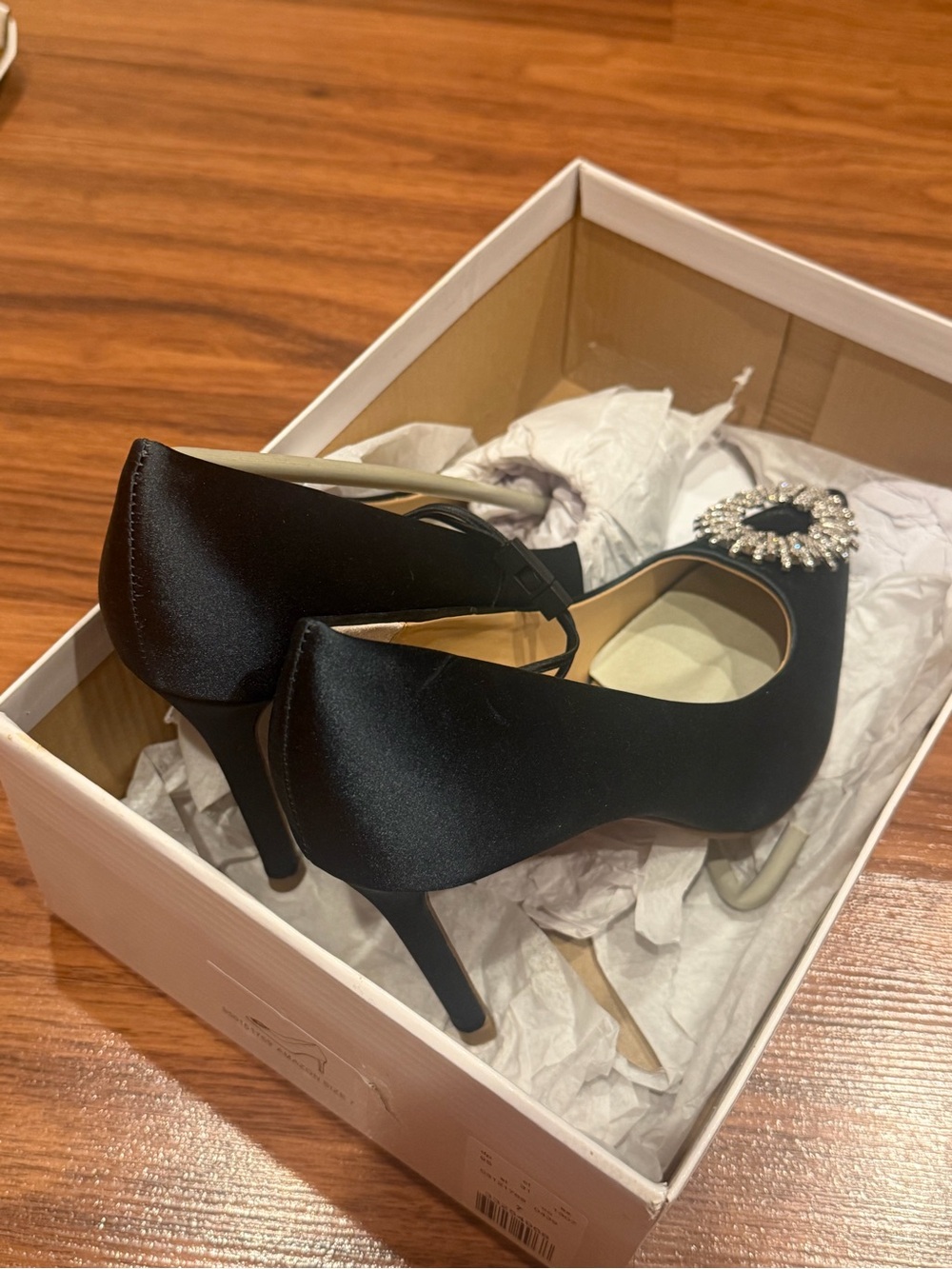 Express Black Satin Heels with Crystal Embellishment